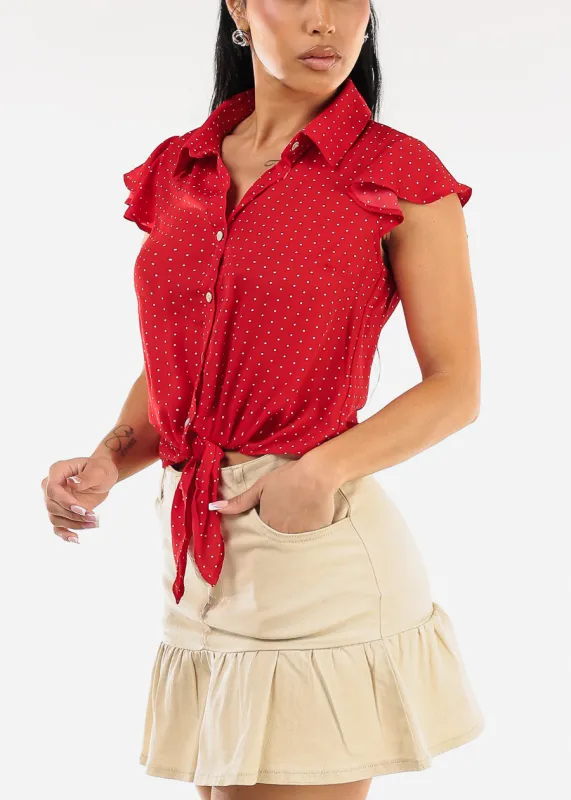 Short Sleeve Front Tie Polka Dot Blouse Red sold by Moda