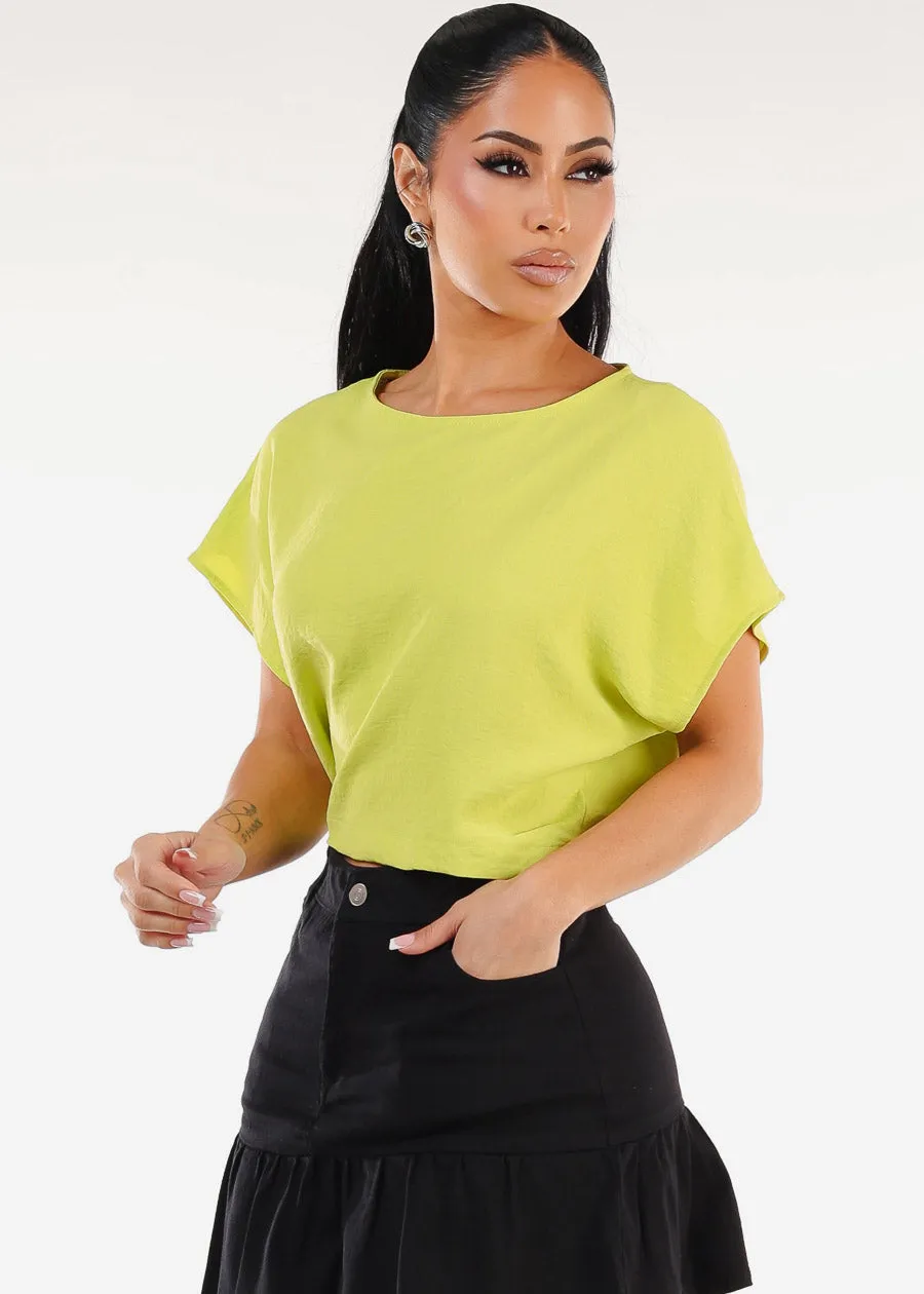 Short Dolman Sleeve Round Neckline Blouse Lime sold by Moda