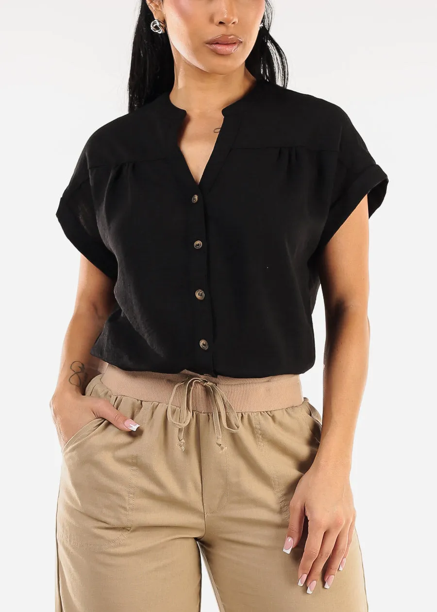 Short Sleeve Button Up Linen Blouse Black sold by Moda