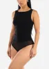 Sleeveless Boat Neckline Mesh Thong Bodysuit Black sold by Moda