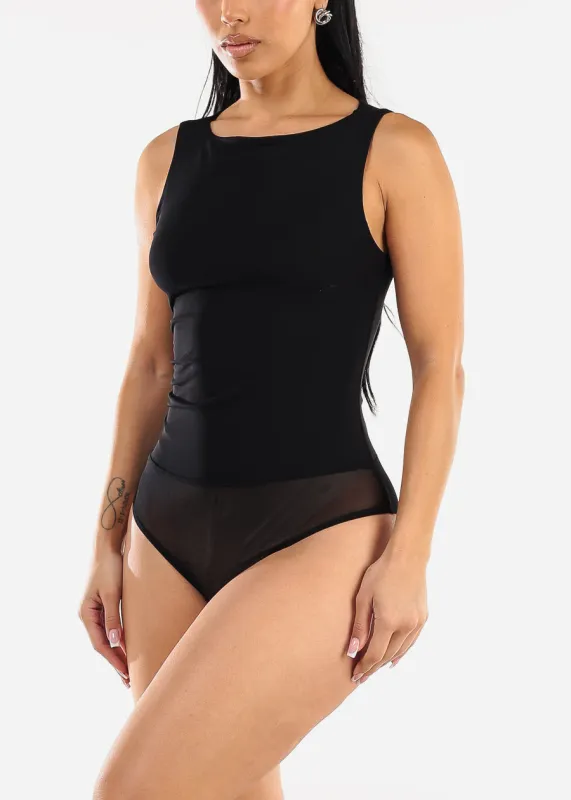Sleeveless Boat Neckline Mesh Thong Bodysuit Black sold by Moda