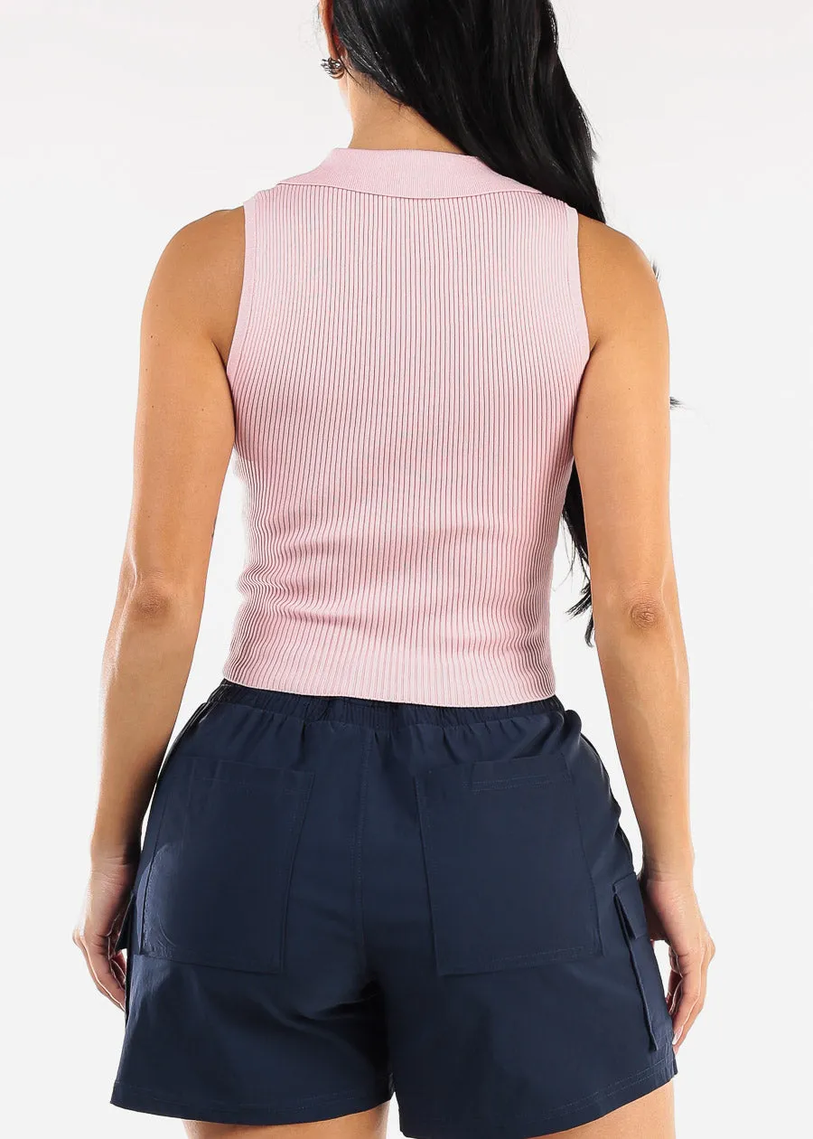 Sleeveless Collared Knit Crop Top Light Pink sold by Moda product image thumbnail 4
