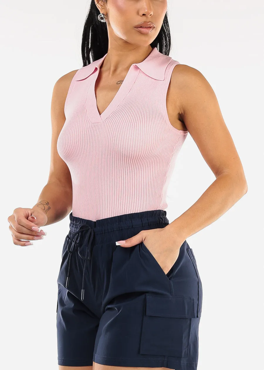 Sleeveless Collared Knit Crop Top Light Pink sold by Moda