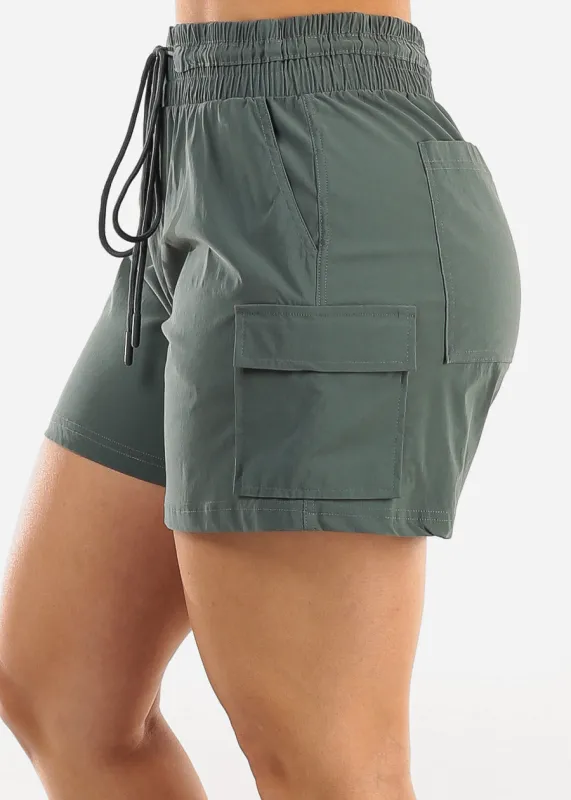High Waist Quick Dry Hyper Stretch Cargo Shorts Green Slate sold by Moda