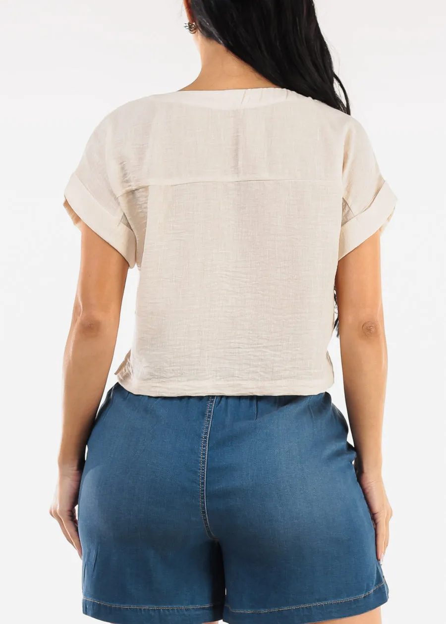 Short Dolman Sleeve Round Neck Linen Crop Top Beige sold by Moda product image thumbnail 4