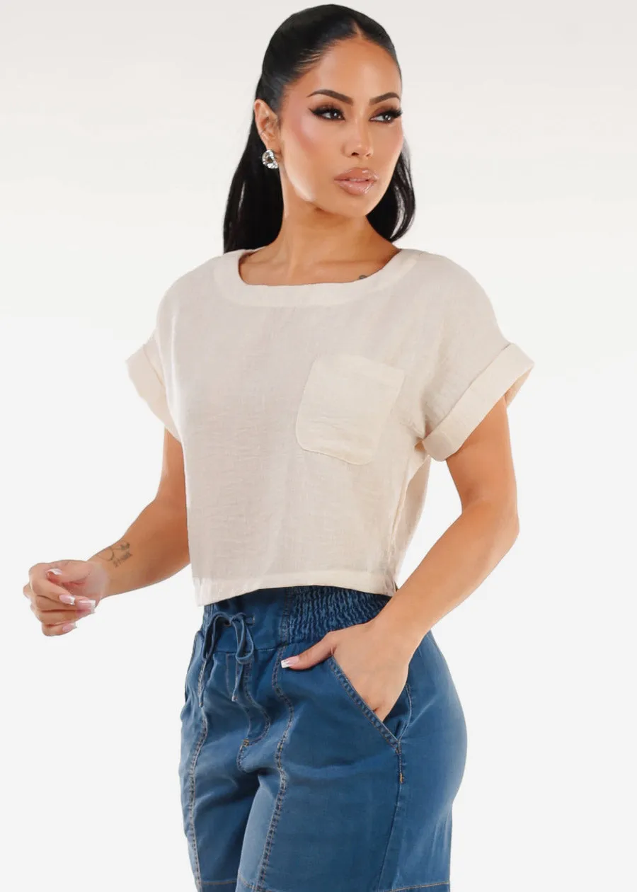 Short Dolman Sleeve Round Neck Linen Crop Top Beige sold by Moda