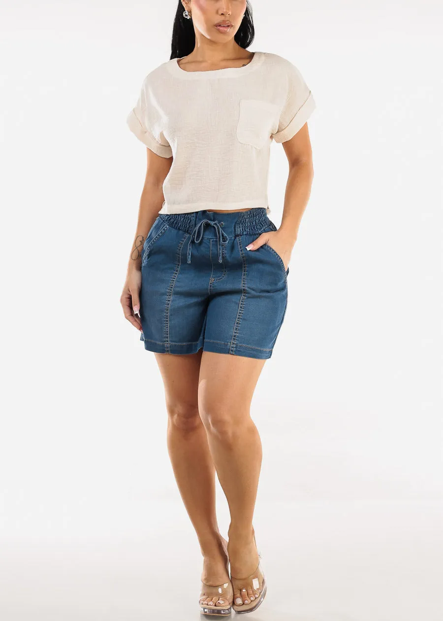 Short Dolman Sleeve Round Neck Linen Crop Top Beige sold by Moda product image thumbnail 2