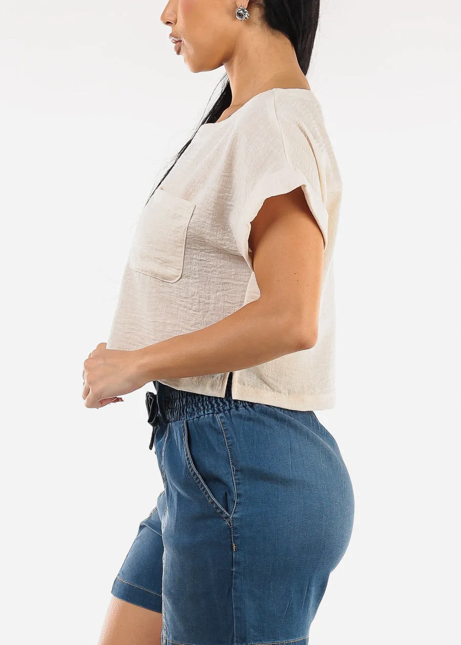 Short Dolman Sleeve Round Neck Linen Crop Top Beige sold by Moda product image thumbnail 3