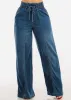 Smocked Spandex Waist Wide Leg Denim Pants Med Blue sold by Moda
