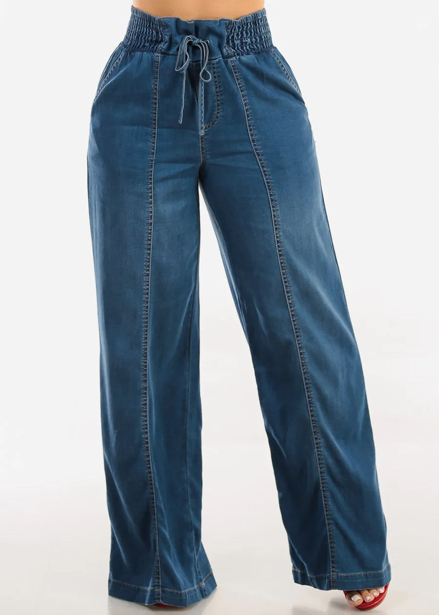 Smocked Spandex Waist Wide Leg Denim Pants Med Blue sold by Moda
