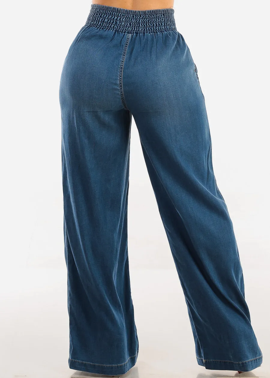 Smocked Spandex Waist Wide Leg Denim Pants Med Blue sold by Moda product image thumbnail 5