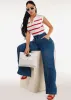 Smocked Spandex Waist Wide Leg Denim Pants Med Blue sold by Moda
