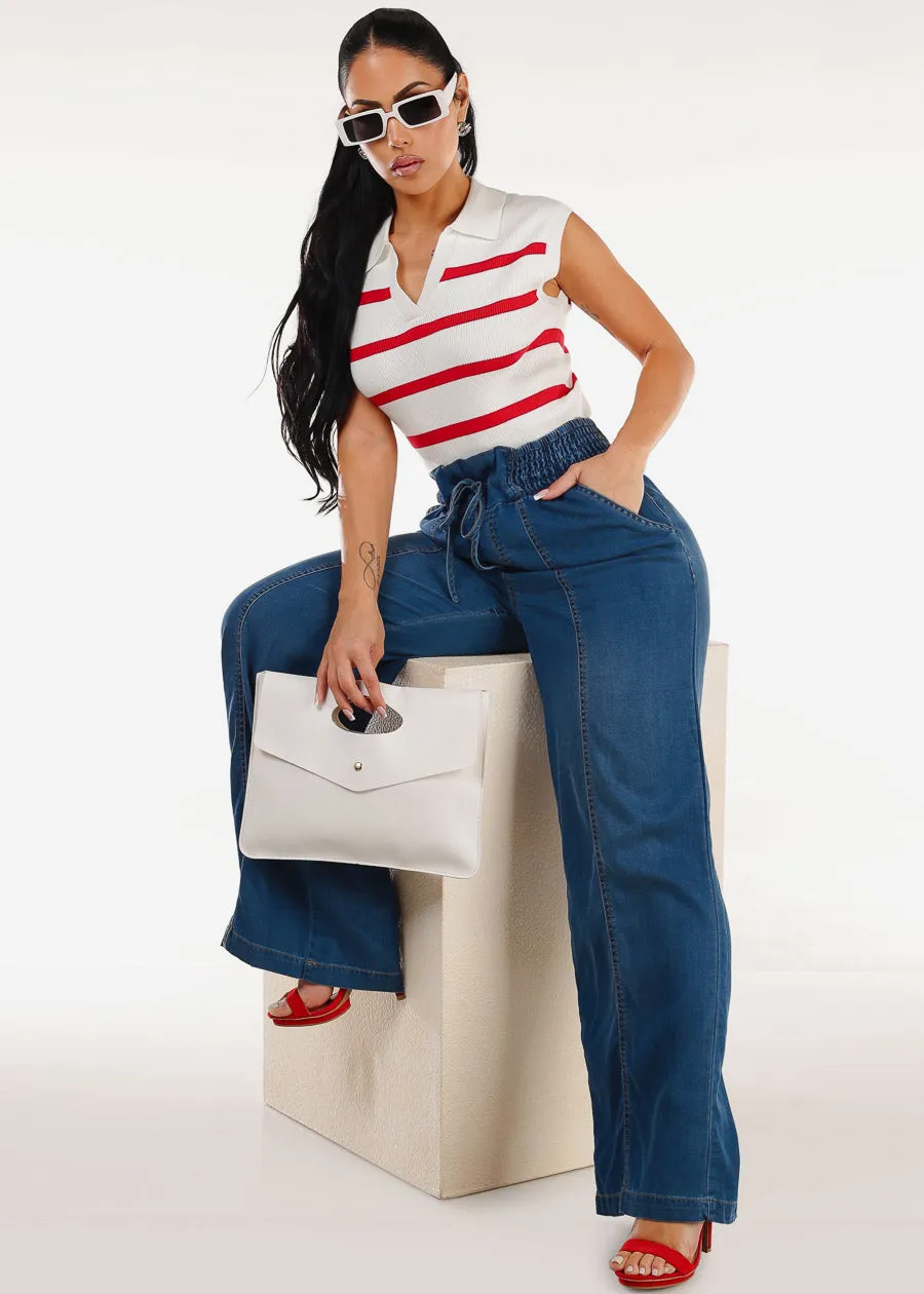 Smocked Spandex Waist Wide Leg Denim Pants Med Blue sold by Moda product image thumbnail 2