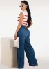 Smocked Spandex Waist Wide Leg Denim Pants Med Blue sold by Moda