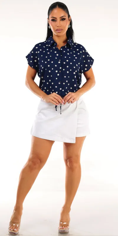 Polka Dot Denim Skort Look sold by Moda