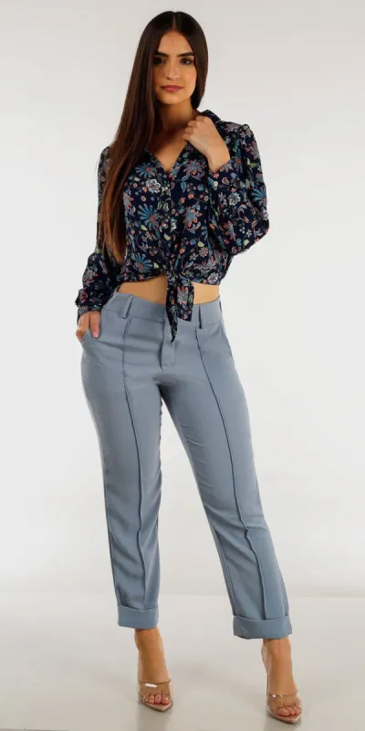 High Rise Slate Blue Straight Ankle Pants with Front Tie Button Up Navy Floral Blouse sold by Moda
