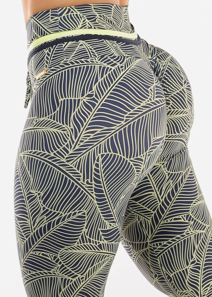 MADE IN BRAZIL Butt Lift Scrunch Leggings Tropical Leaf Navy sold by Moda