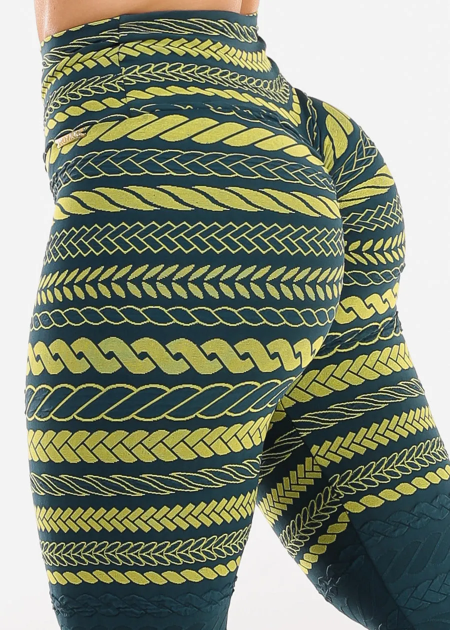 MADE IN BRAZIL Butt Lift Scrunch Leggings Tribal Jacquard Lime sold by Moda
