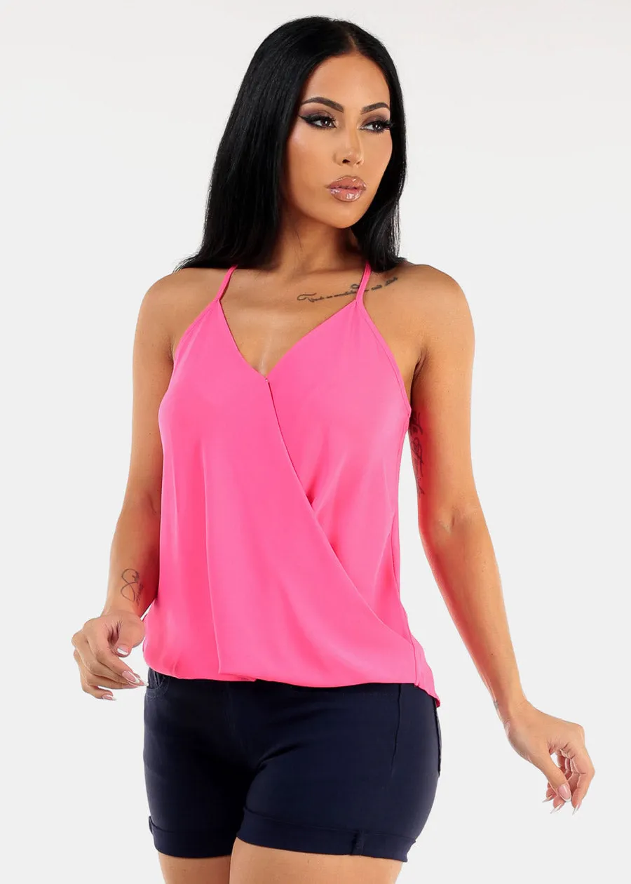 Sleeveless Surplice Chiffon Cami Top Dark Neon Pink sold by Moda