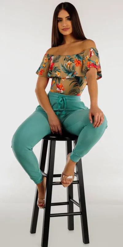 High Drawstring Waist Jogger Pants with Mocha Off Shoulder Tropical Bodysuit sold by Moda
