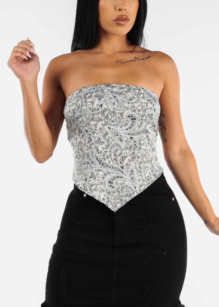 Strapless Satin Floral Bandana Crop Top sold by Moda