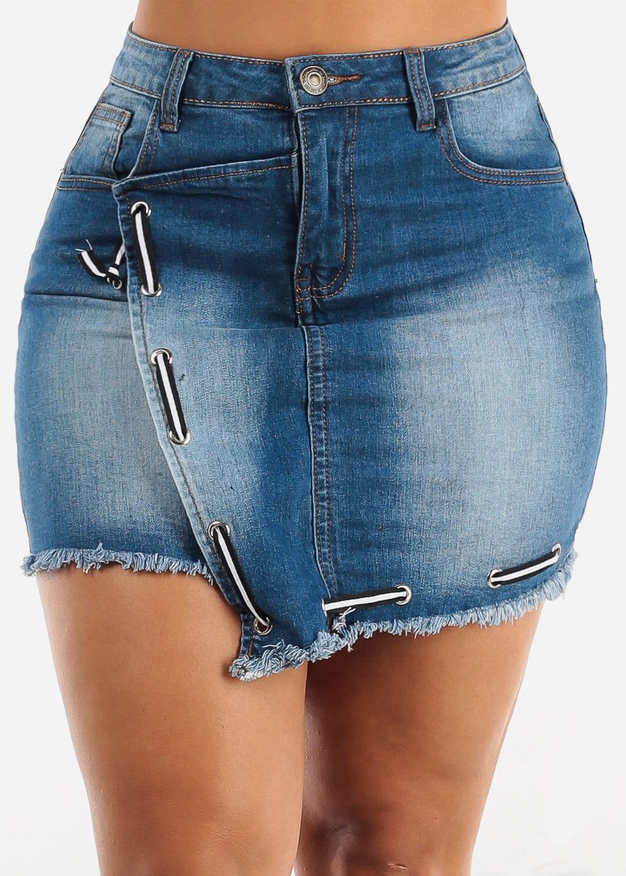 High Rise Asymmetrical Denim Mini Skirt sold by Moda