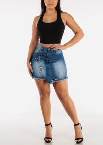 High Rise Asymmetrical Denim Mini Skirt sold by Moda