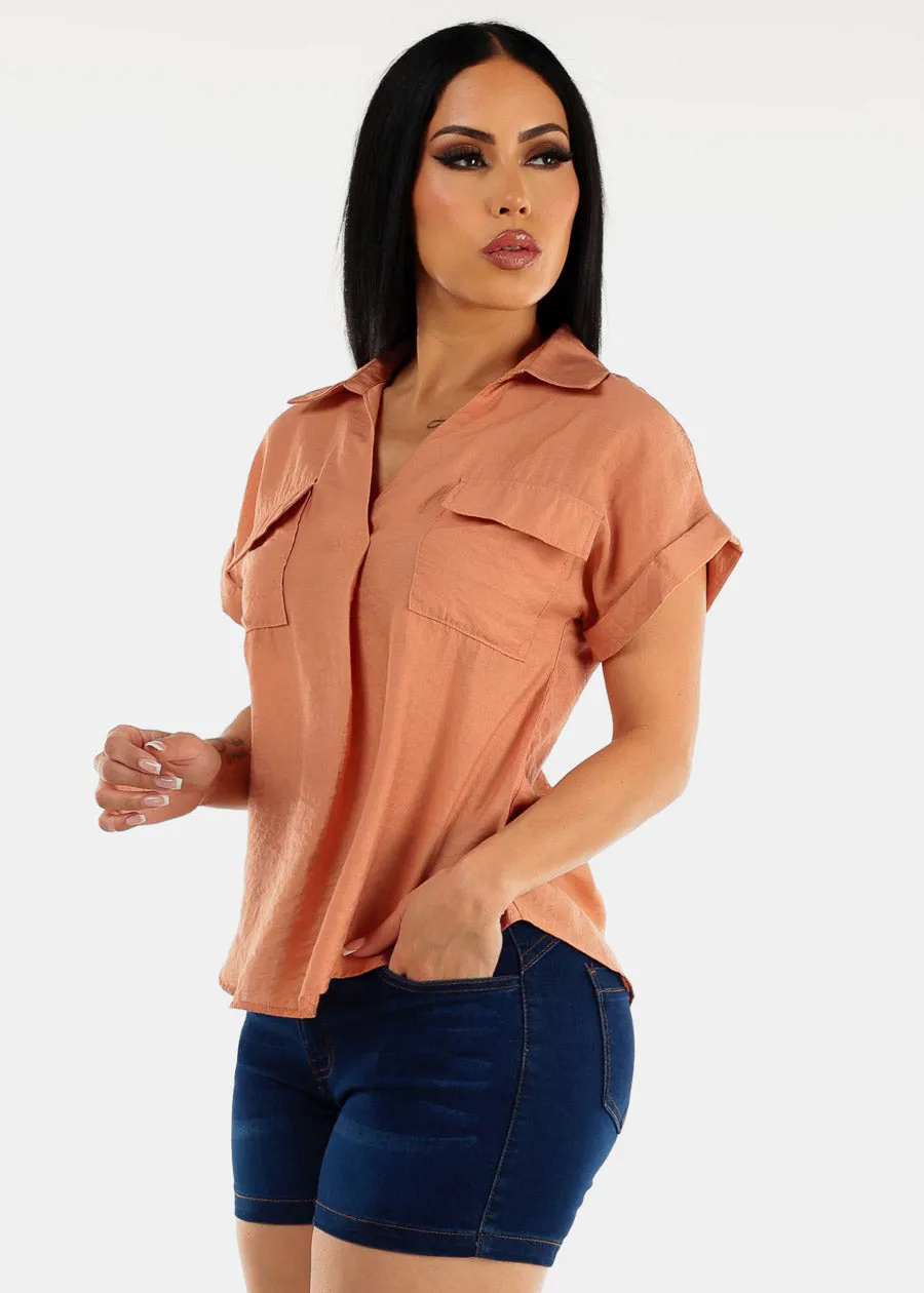 Short Sleeve Round Hem Collared Blouse w Pockets sold by Moda