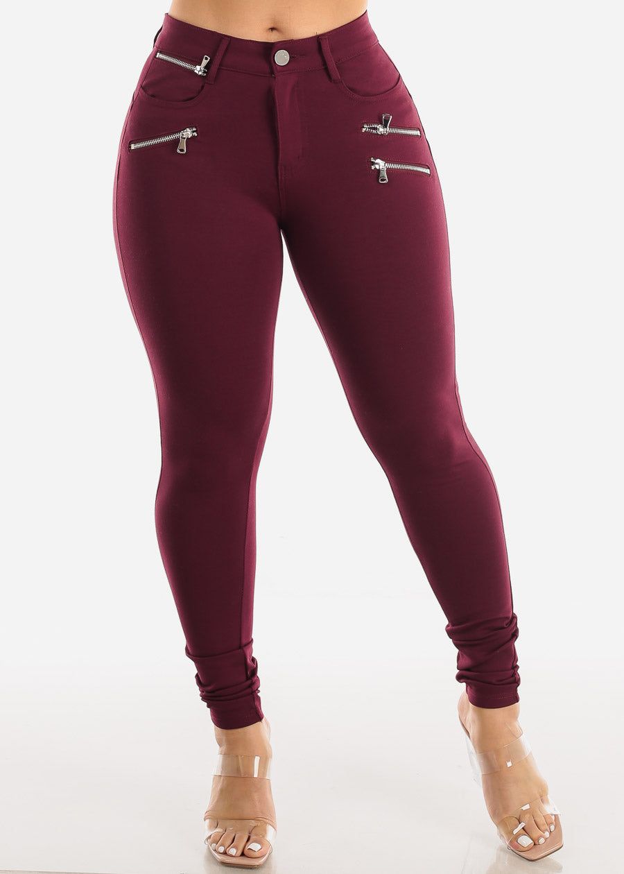 Mid Rise Burgundy Skinny Pants w Zipper Detail sold by Moda