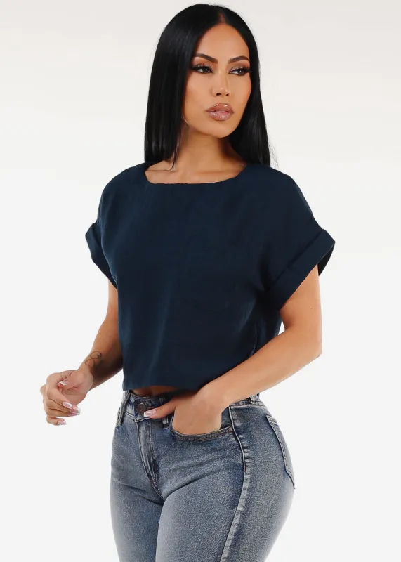 Short Dolman Sleeve Round Neck Linen Crop Top Navy sold by Moda