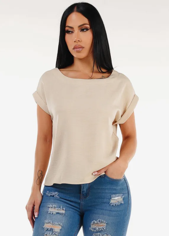 Cuffed Short Sleeve Poly Linen Blouse Beige sold by Moda