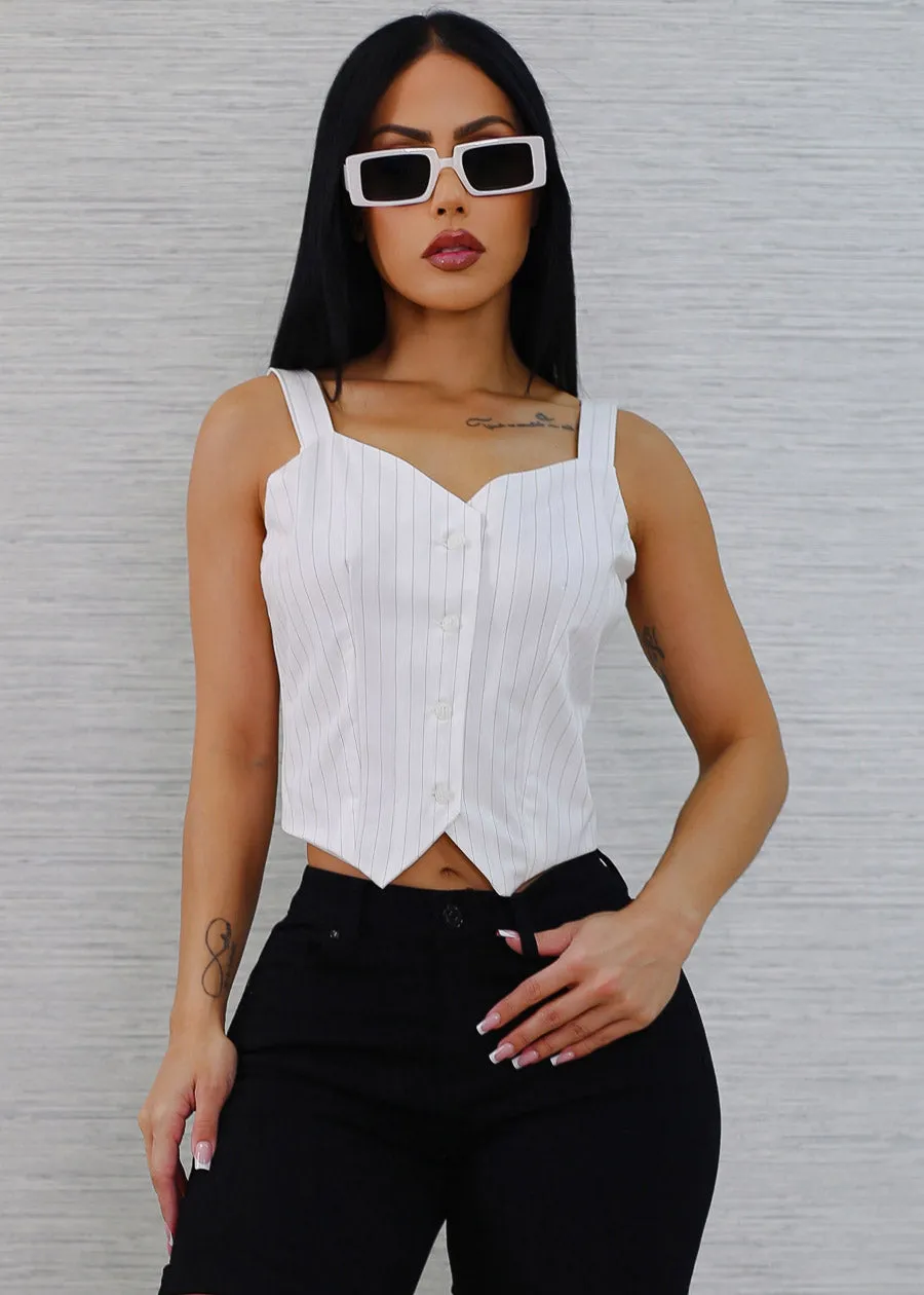 Sleeveless Button Up Stripe Vest Top White sold by Moda