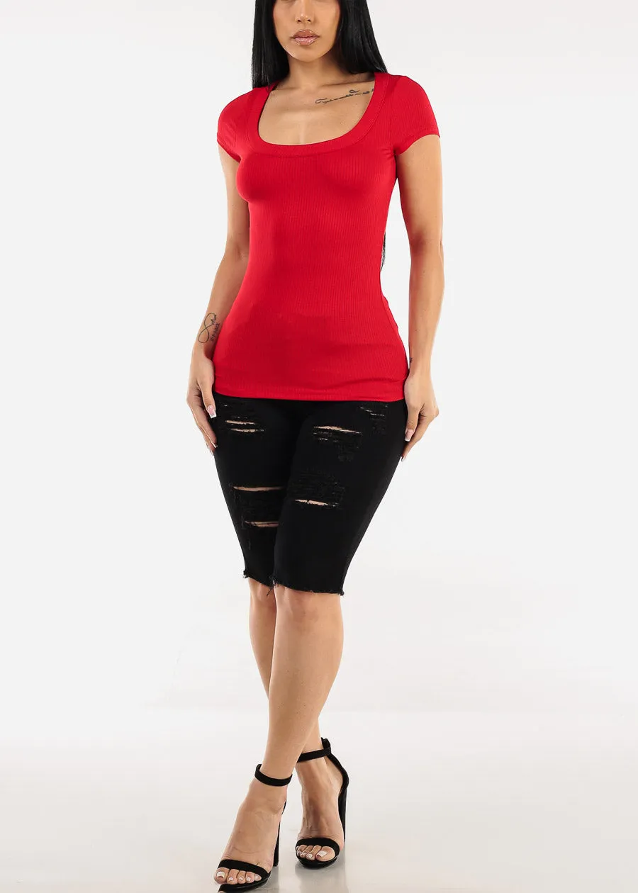 Short Sleeve Round Neck Stretch Ribbed Top Red sold by Moda product image thumbnail 2