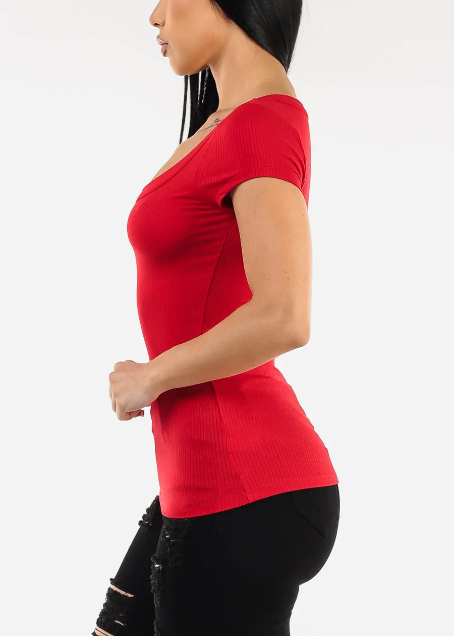 Short Sleeve Round Neck Stretch Ribbed Top Red sold by Moda product image thumbnail 3