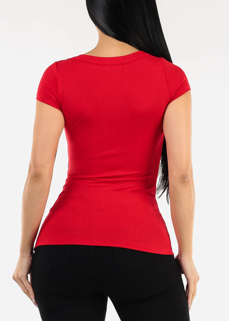 Short Sleeve Round Neck Stretch Ribbed Top Red sold by Moda product image thumbnail 4