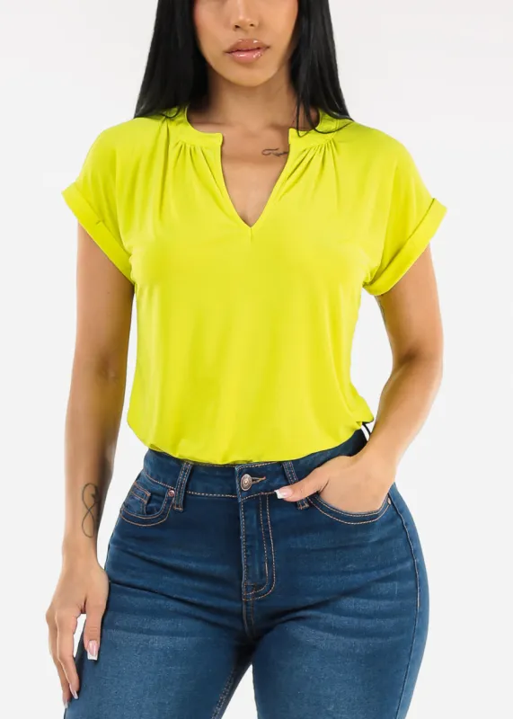 Cuffed Short Sleeve Vneck Stretch Blouse Lime sold by Moda