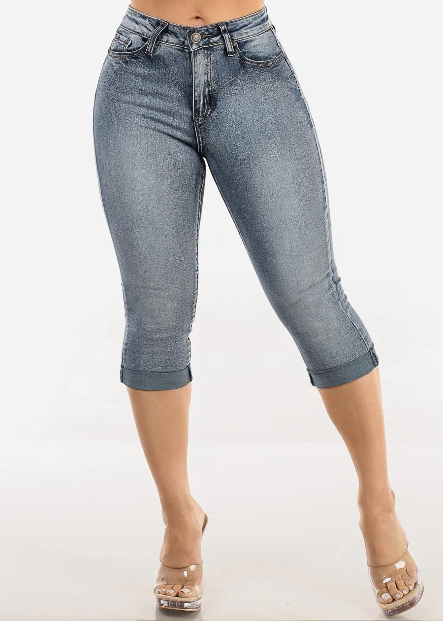 Stretchy Mid Rise Acid Wash Cuffed Denim Capris sold by Moda