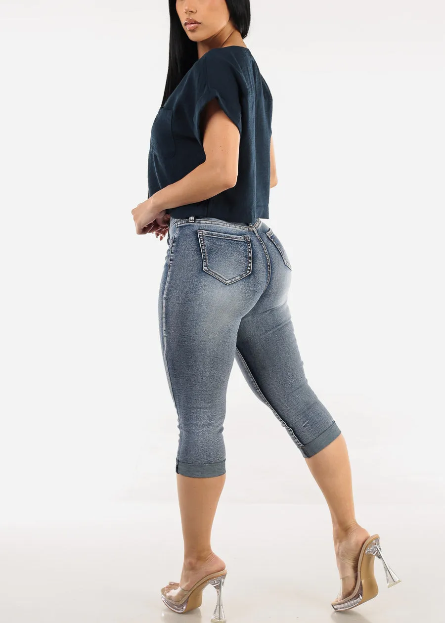 Stretchy Mid Rise Acid Wash Cuffed Denim Capris sold by Moda product image thumbnail 5