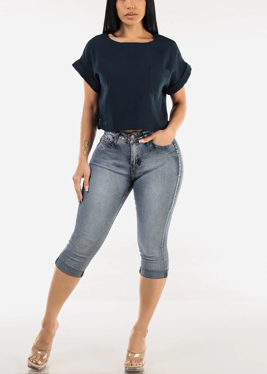 Stretchy Mid Rise Acid Wash Cuffed Denim Capris sold by Moda product image thumbnail 2