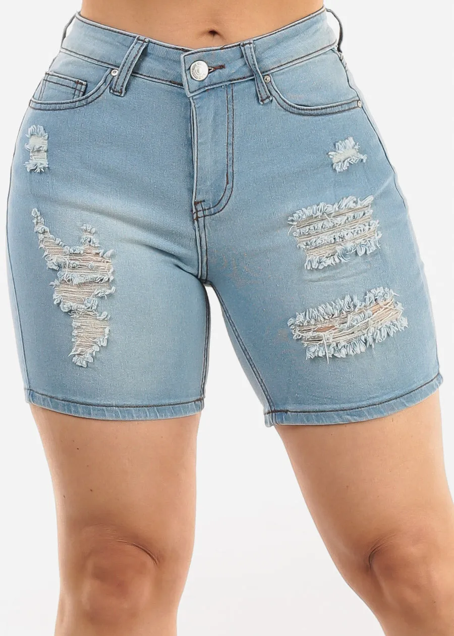 Stretchy Mid Rise Mid Thigh Ripped Light Denim Shorts sold by Moda