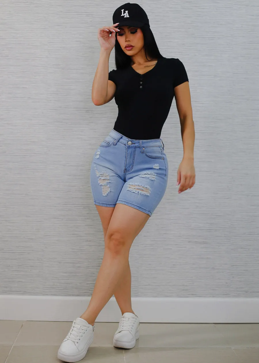 Stretchy Mid Rise Mid Thigh Ripped Light Denim Shorts sold by Moda product image thumbnail 2