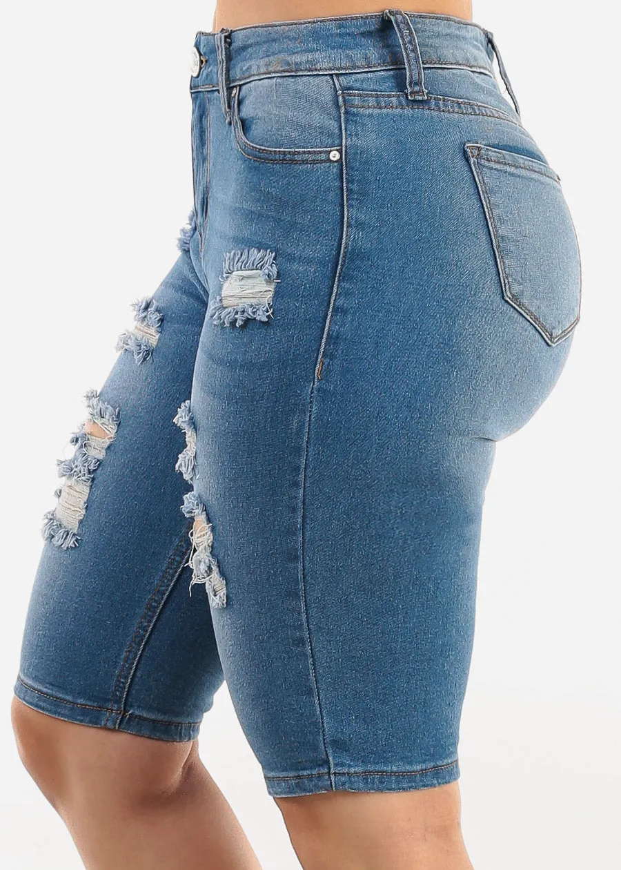 Stretchy Mid Rise Ripped Denim Bermuda Shorts Blue sold by Moda product image thumbnail 3