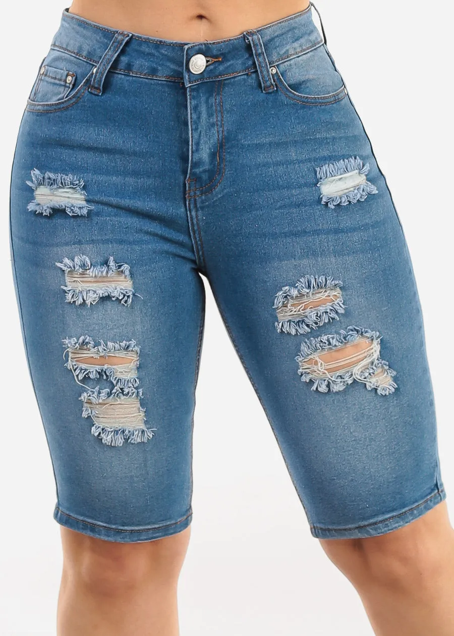 Stretchy Mid Rise Ripped Denim Bermuda Shorts Blue sold by Moda