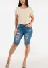 Stretchy Mid Rise Ripped Denim Bermuda Shorts Blue sold by Moda