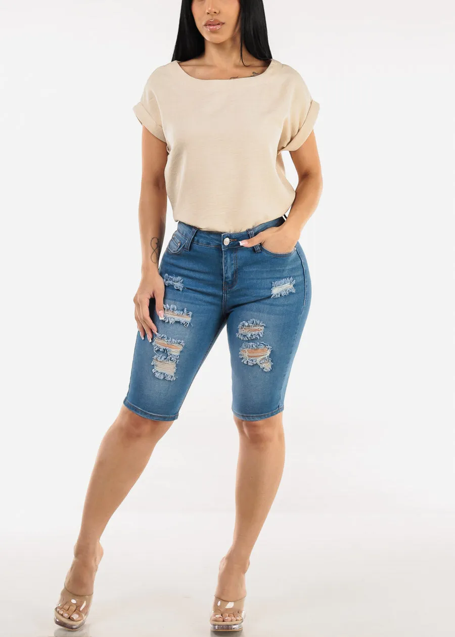 Stretchy Mid Rise Ripped Denim Bermuda Shorts Blue sold by Moda product image thumbnail 2