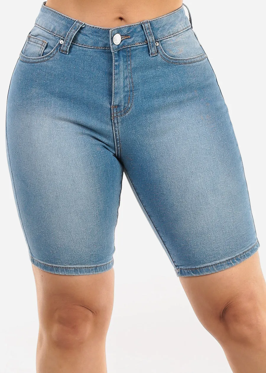 Stretchy Mid Rise Denim Bermuda Shorts Light Blue sold by Moda
