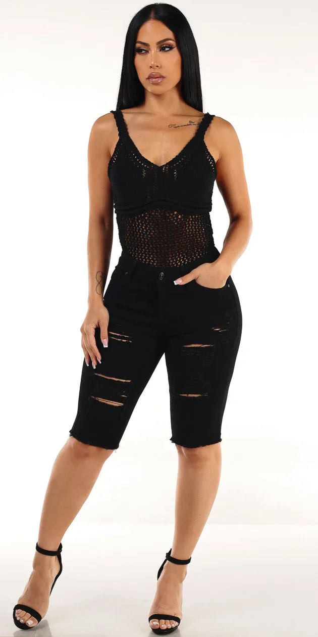 Crochet Denim Bermuda Shorts Set sold by Moda