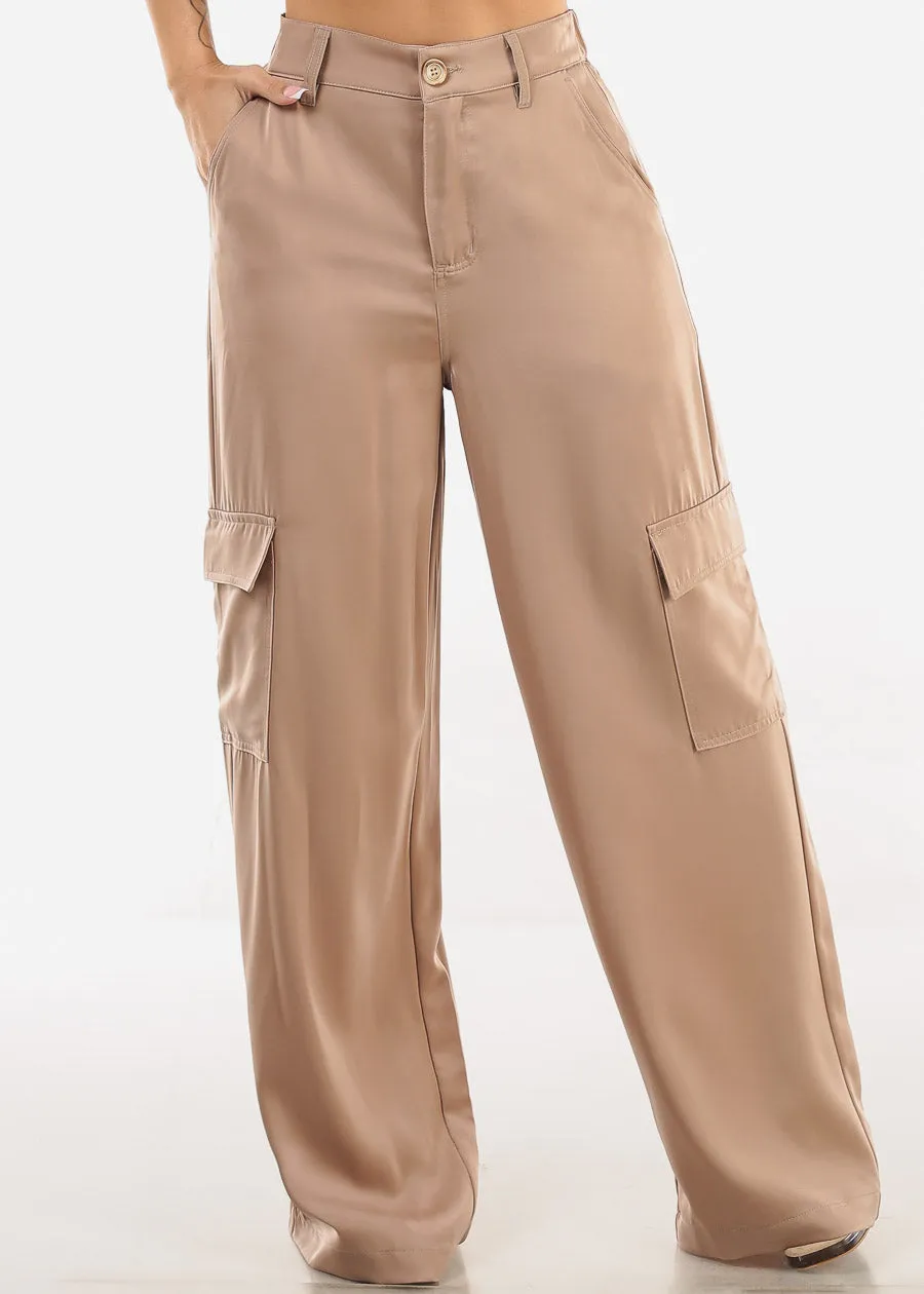 Super High Waist Satin Wide Leg Cargo Pants Taupe sold by Moda
