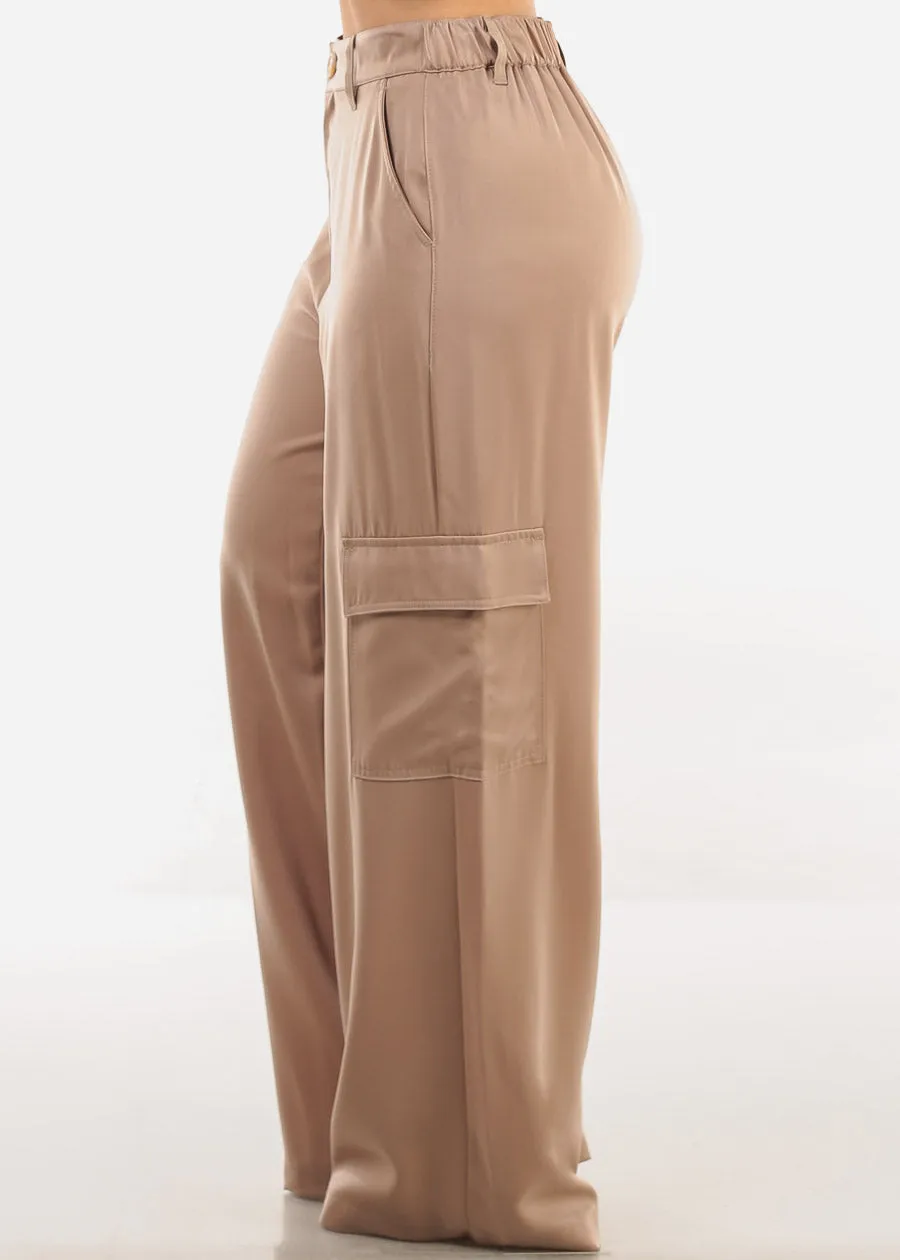 Super High Waist Satin Wide Leg Cargo Pants Taupe sold by Moda product image thumbnail 5