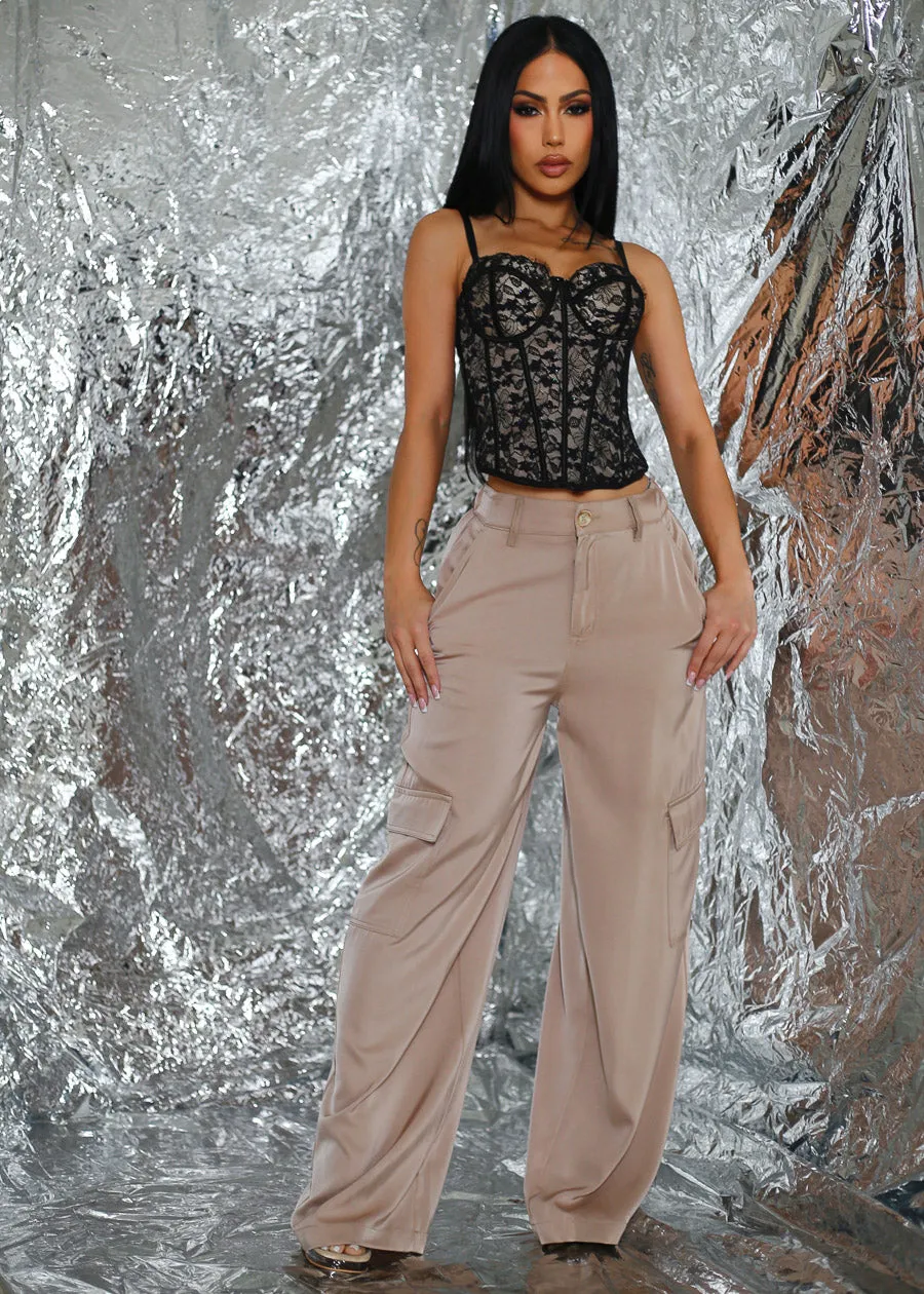 Super High Waist Satin Wide Leg Cargo Pants Taupe sold by Moda product image thumbnail 2